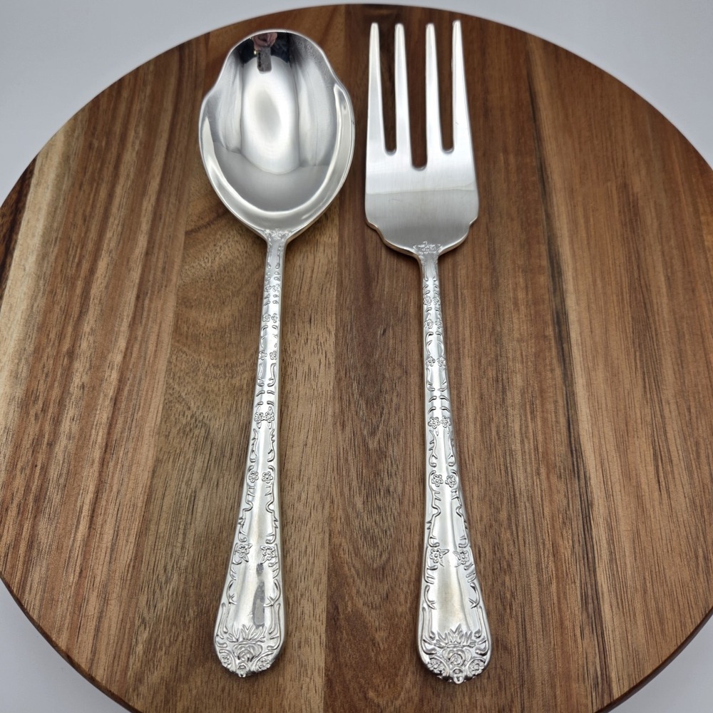 WM.‎ Rogers & Son Enchanted Rose Silverplate Flatware Meat Fork & Serving Spoon